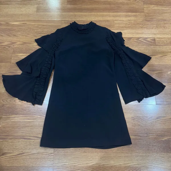 Alexis Marianne Black Tiered Bell Sleeve Crepe Mini Dress S - Image 6