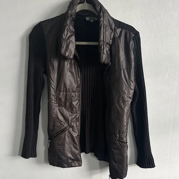 Miss Bolini Womens Jacket Quilted Puffer Ribbed Knit Wool Blend Brown Size S - Image 3