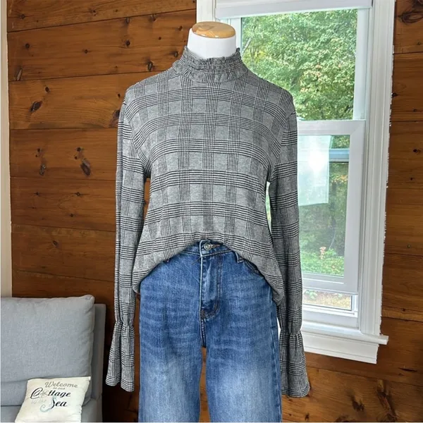 Zara Houndstooth Herringbone Knit Long Sleeve Top Size M - Image 2