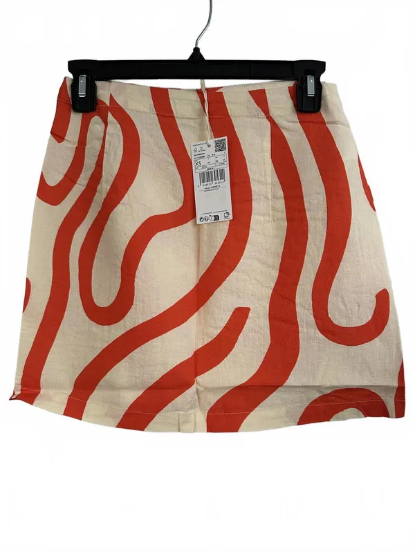 Mango Printed Linen-Blend Skirt Orange Ecru NWT Size XS - Image 5