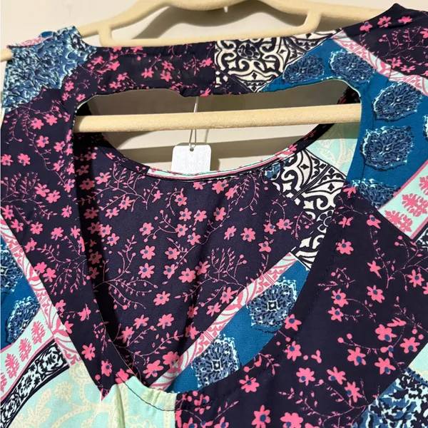 Charming Charlie C medium blue patchwork print hi low tank open back split bottom new - Image 4