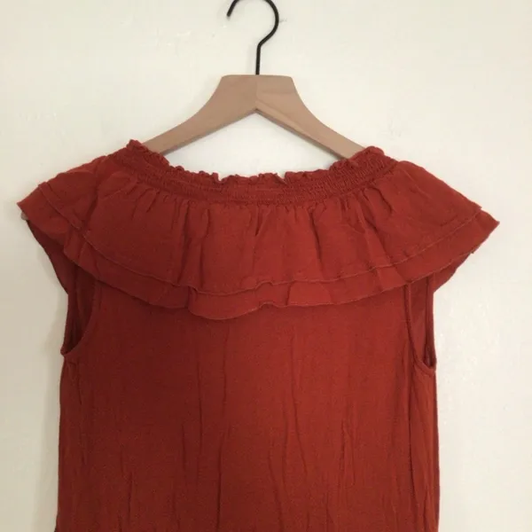 Zara Ruffle Midi V-Neck Terracotta Orange Red Smocked Tiered Flowy Dress Small - Image 7