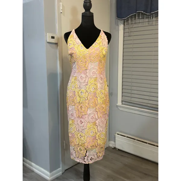 Topshop Floral Lace Midi Dress Pink Yellow Crochet Strappy Bodycon Size 6 - Image 3