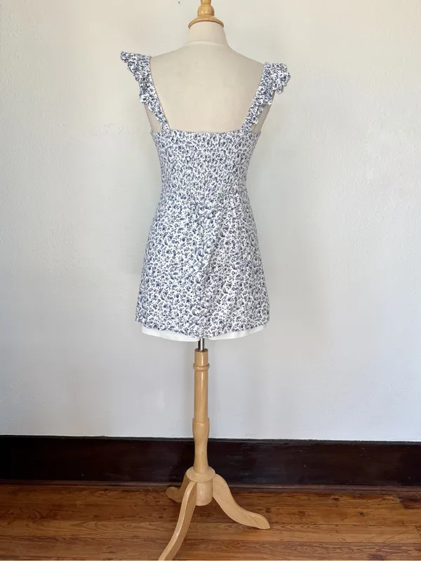 Blue & White Floral Summer Linen Blend. Mini Dress - Image 7