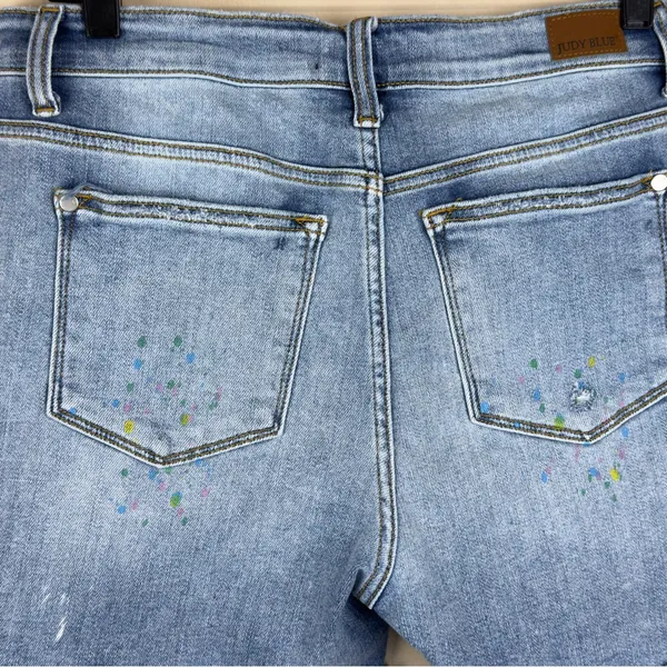 Women’s Judy Blue Denim Frayed Paint Splash Shorts Size L - Image 9