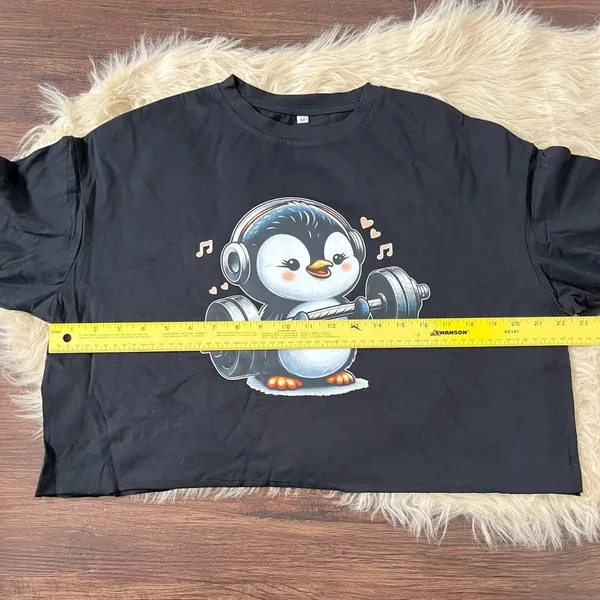 Weight Lifting Penguin Graphic Crop Top Cotton M Black Multi Workout Shirt - Image 4