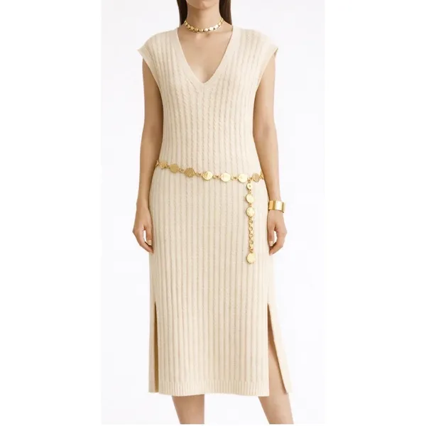Massimo‎ Dutti ITALIAN YARN Designer Cream lightweight Knit Maxi Dress Luxury M - Image 4