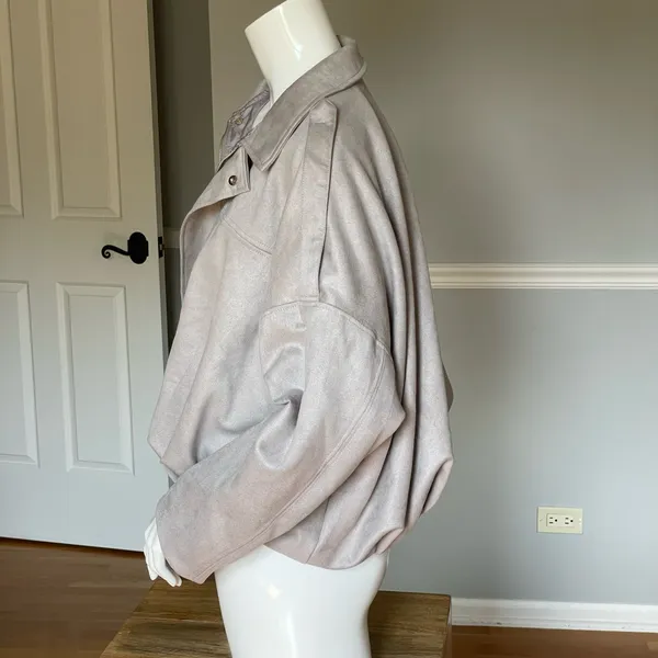 Women’s Faux Suede Moto Jacket Gray Oversized Zip Front Utility Details M - Image 2