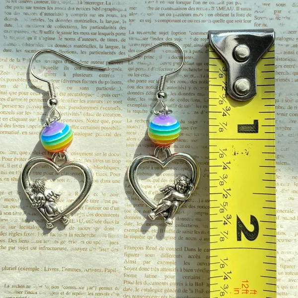 Antique retro style sleeping cute angel heart rainbow dangle earrings❤️👼 - Image 4