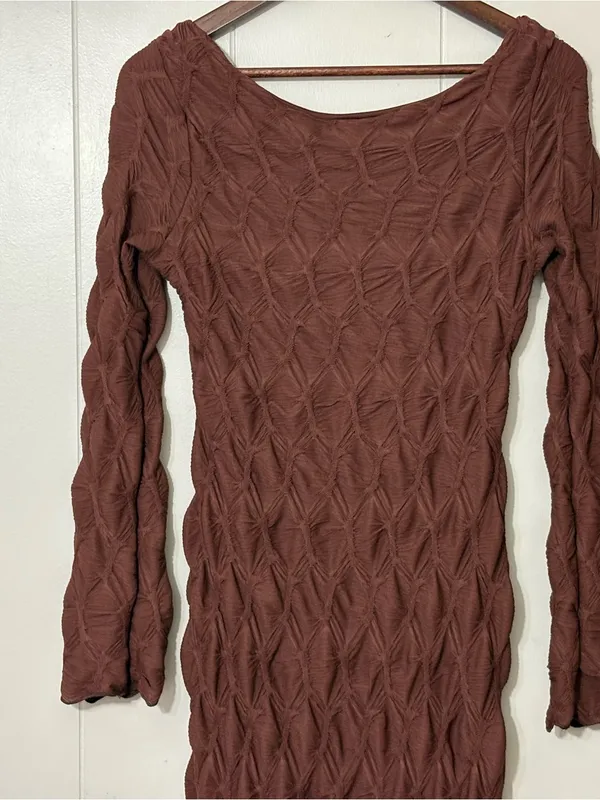 See You Monday Textured Midi Dress Brown Long Sleeve Bodycon Size L NWT - Image 2