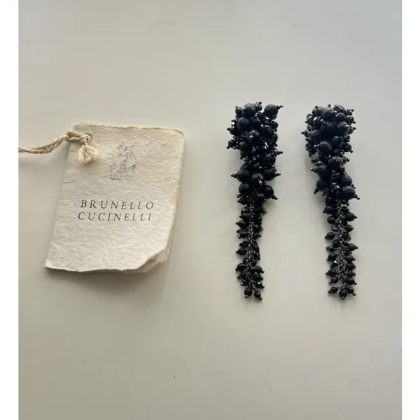 New Brunello Cucinelli Black Beaded Cluster Tassel Drop Earrings - Image 4