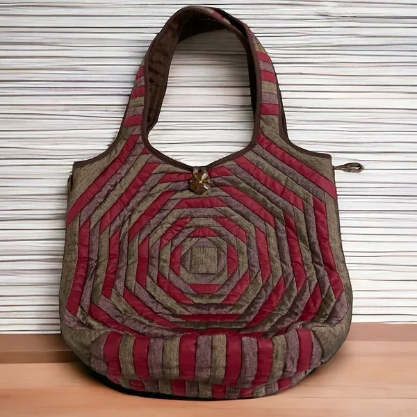 Boho Quilted Silk Shoulder Bag | Red Brown Patchwork Hobo | Coconut Button - Image 2