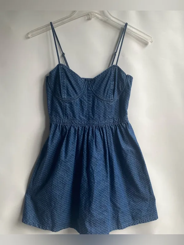 Free People denim bustier mini dress polka dot sun dress preppy summer Small - Image 3