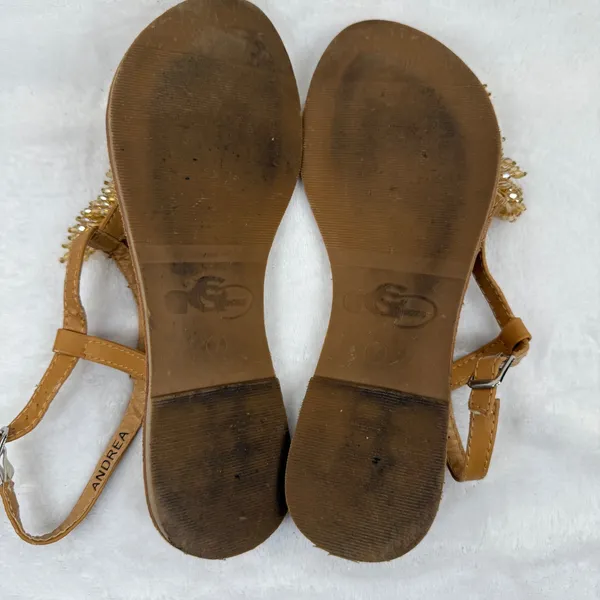 GC Shoes Andrea Beaded T-Strap Slingback Sandals Tan Gold Womens Size 7 Flat‎ - Image 7