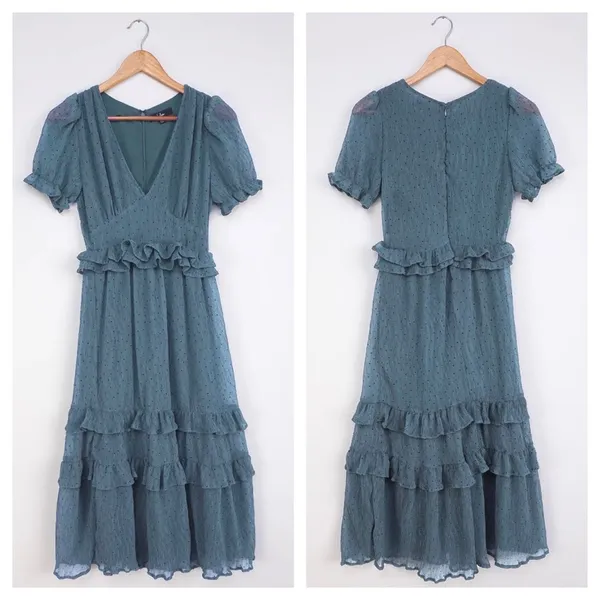 NWT Lulus Know Your Heart Midi Dress Medium Dusty Blue Polka Dot Ruffled - Image 4