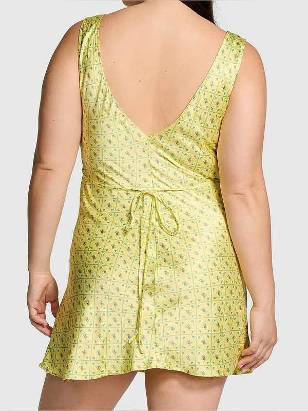 PINK by Frankie's Bikinis Yellow Floral Satin Dress Size Small - Image 2