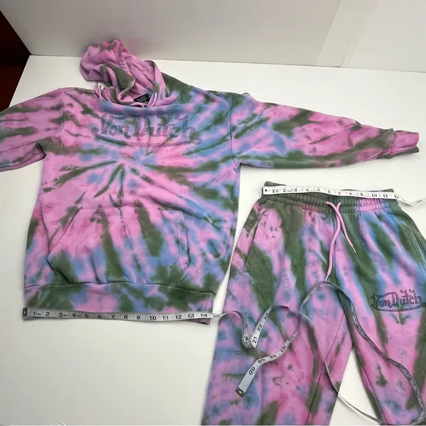 Von Dutch Rhinestone Tie Dye Jogger Hoodie Set Olive Green Pink Purple Small‎ - Image 14