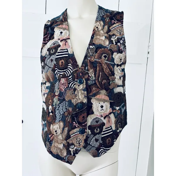 Vintage Facets Teddy Bear Tapestry Vest Small 90s Boho Cottagecore USA Made - Image 2