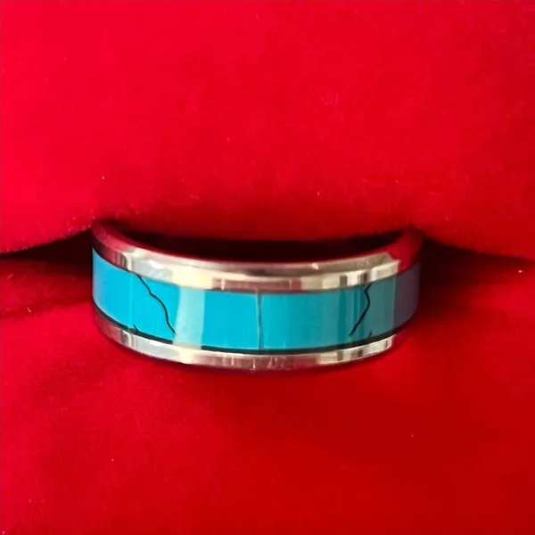 Stainless Steel Turquoise Inlay 6mm Band Ring Size 10 - Image 2