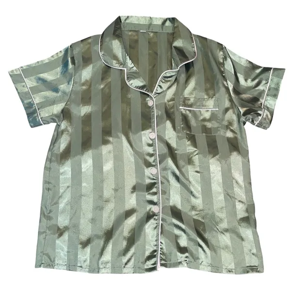 Sage Green Striped Satin Pajama Set Short Sleeve Button Down Shorts Womens Small - Image 2