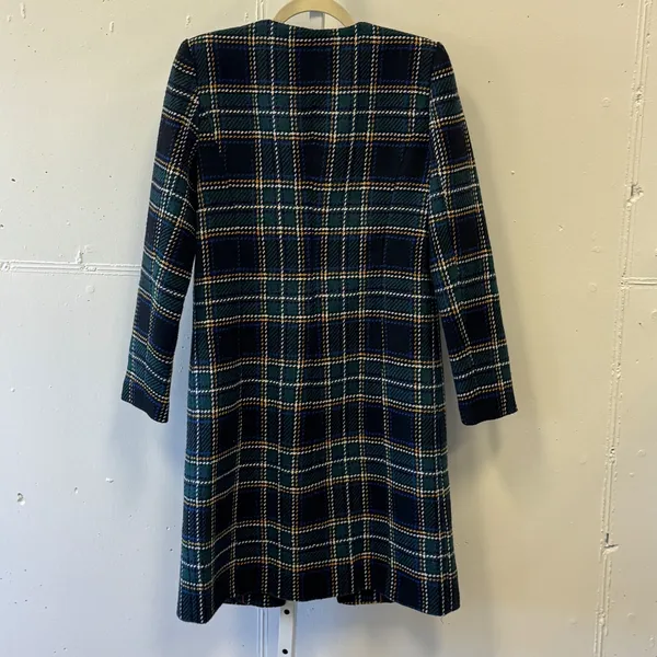 Calvin Klein Women's Wool Blend Plaid Collarless Car Coat Jacket Sz 2 Teal Navy‎ - Image 3