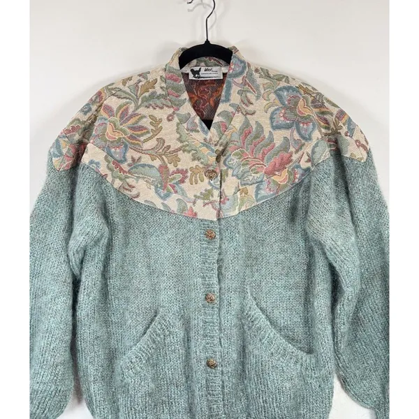 VINTAGE Woof Womens Cardigan Green Floral Folk Tapestry Wool Sweater 90s Large - Image 6