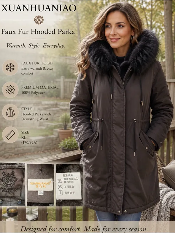 Source Unknown XUANHUANIAO Faux Fur Hooded Parka Jacket - Black size XL - Image 3