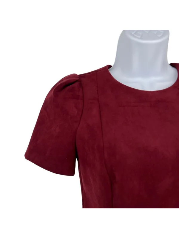 Calvin Klein Burgundy Faux Suede Sheath Dress Short Sleeve Gold Back Zip Size 2 - Image 3