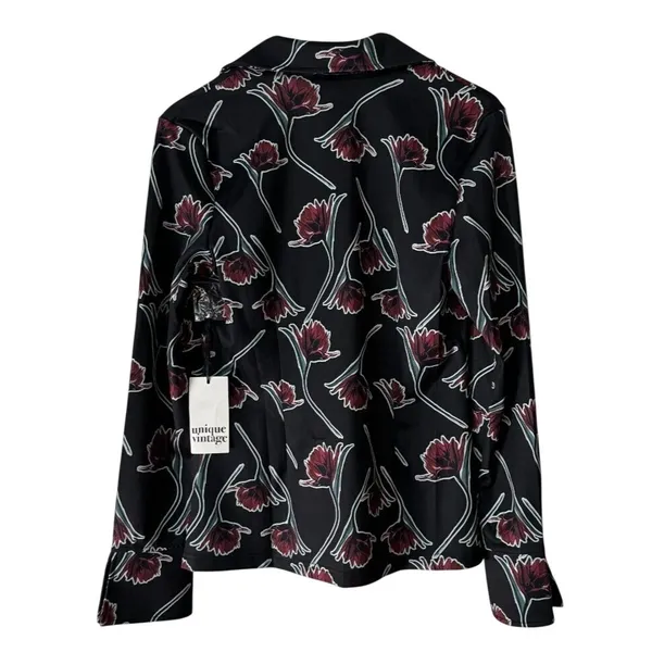 Unique Vintage Scattered Stem Floral Blouse Black Red Poppy Button Up M K1665KT2 - Image 3