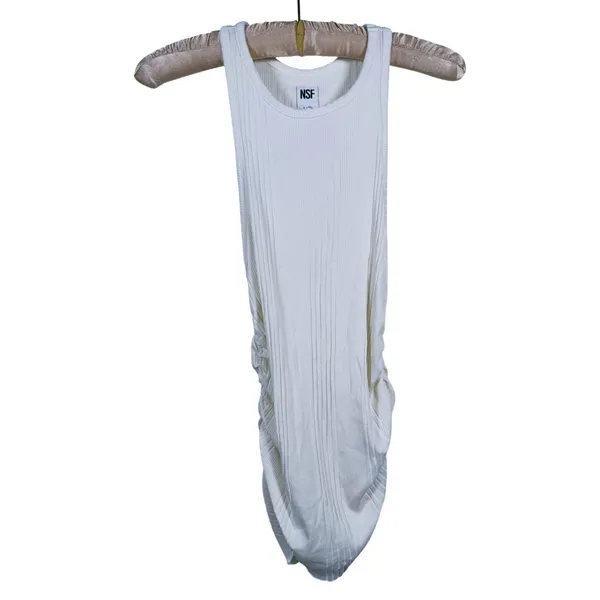 NSF Womens Ribbed Ruched Tank Top High Neck Cotton Modal M White 90s Minimalist - Image 3
