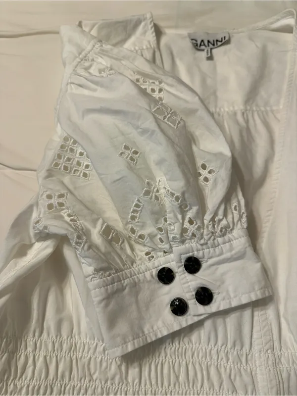 Ganni Organic Broderie Anglaise Eyelet Midi Dress w/Puff Sleeve - Size 34 (US 2) - Image 6