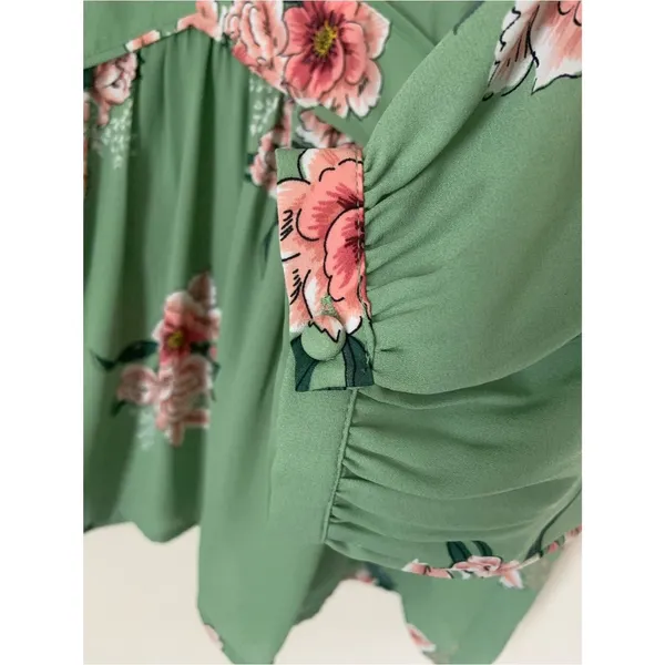 LOFT Green Floral V-Neck Peasant Long Sleeve Blouse Top Semi Sheer M Feminine - Image 3