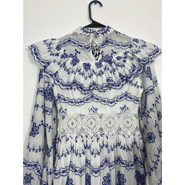 ASOS EDITION White Blue Embroidered Maxi Dress Lace Long Sleeve US 2 . - Image 7