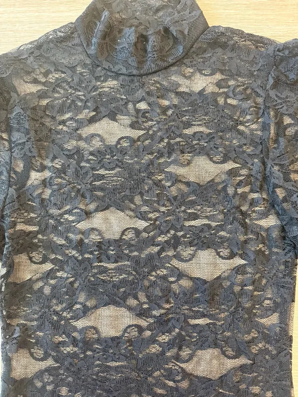 SHEIN Black Sheer Lace Mock Neck Long Sleeve Top, Size XS - Image 4