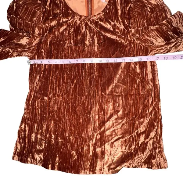 NWT $69 LEYDEN‎ Womens S Orange Rust Crushed Velvet Pouf Short Sleeve Top Blouse - Image 6