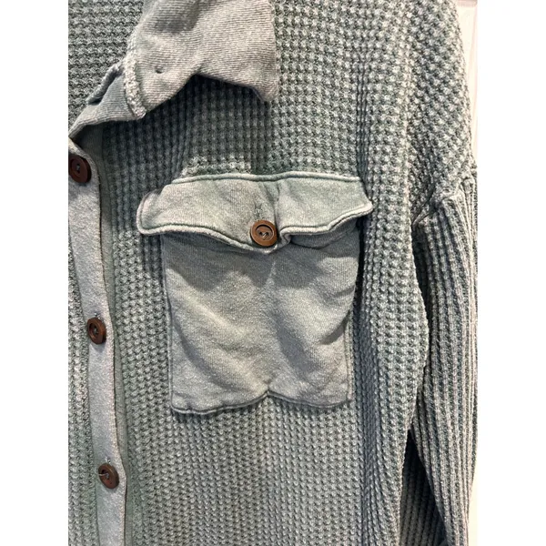 Bucketlist Womens Sage Green Waffle Knit Button Up Shacket Shirt Large‎ Thermal - Image 2