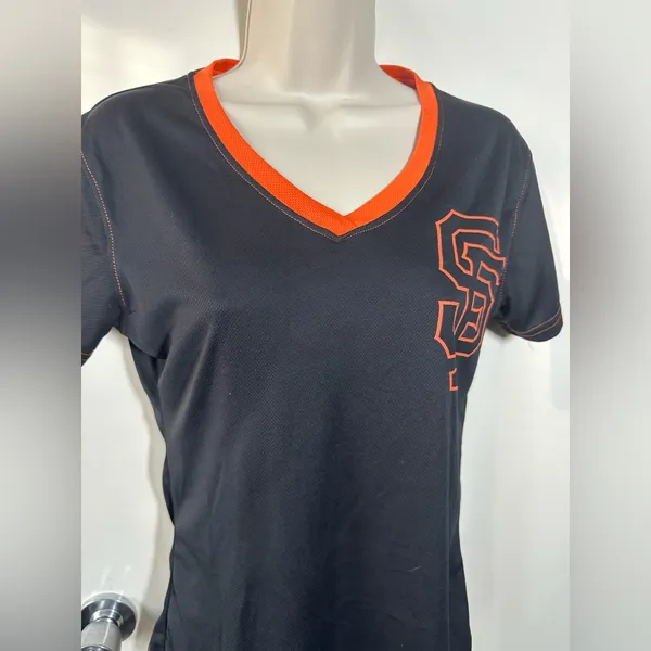 San Francisco Giants Women's Black and Orange V-Neck T-Shirt - Image 2