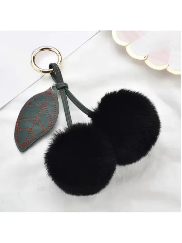 NEW Cherry Pom Pom Bag Charm Keychain Black Faux Fur NWT - Image 2
