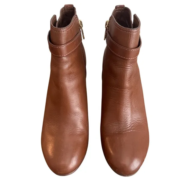Tory Burch Cognac Leather Logo Strap Ankle Booties Stiletto Heel Size 8 - Image 2