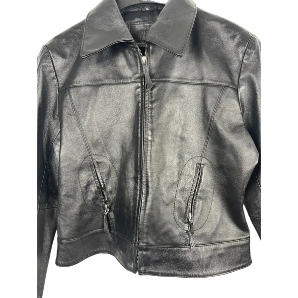 Women’s Sonnora Black Short Motorcycle Zip Genuine Leather Jacket Fits S - Image 3