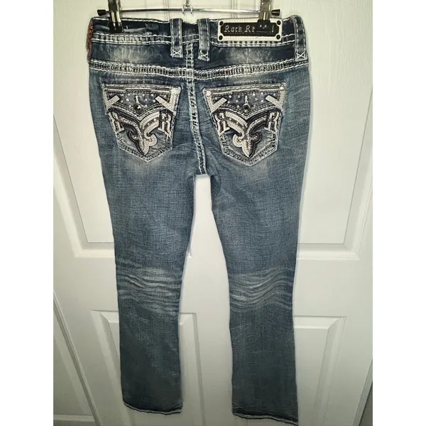 Rock Revival Zarina Bootcut Jeans 25 Blue Low Rise Embellished Thick‎ Stitch - Image 5