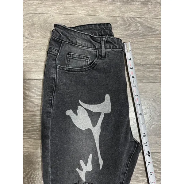 SheIn Womens Distressed Jeans Size L Graphic Print Black 28x29 High‎ Rise Straight Leg - Image 5