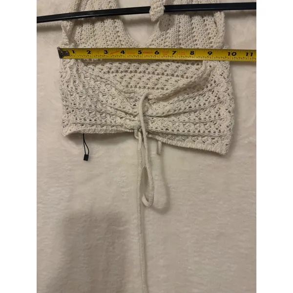 Romwe Crochet Halter Top Cream Boho Knit Lace Up Back Crop Top XS‎ - Image 8