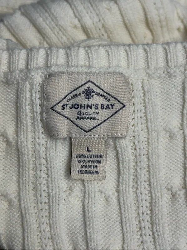 St. John’s Bay Cable Knit V-Neck Sweater White Cream Cotton Blend Size L - Image 6