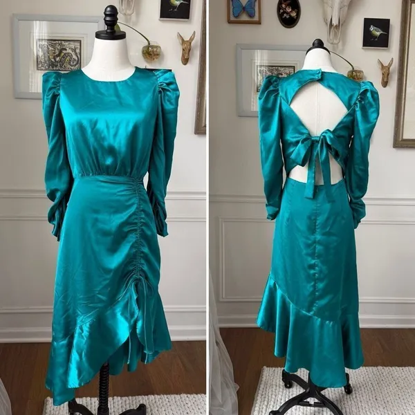 Do + Be Bow Tie Dress Teal Green Satin Mutton Sleeve Midi M - Image 3