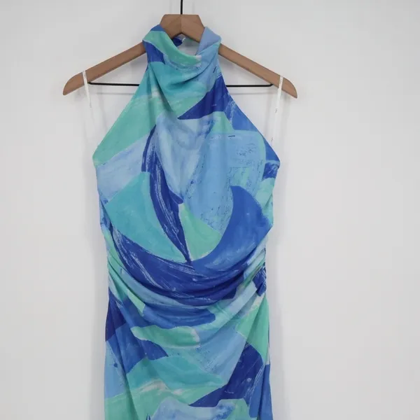 Lulus Idyllic In Ibiza Midi Dress Womens XL Blue Abstract Print Halter Neck - Image 3