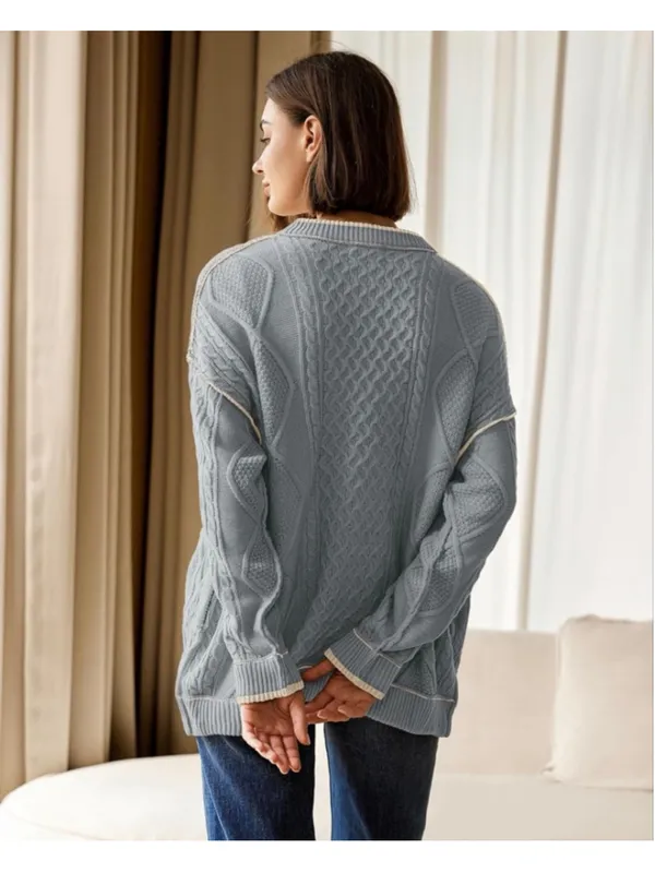 NEW Cable Knit Oversized Cardigan Button Up Striped Sweater S - Image 2
