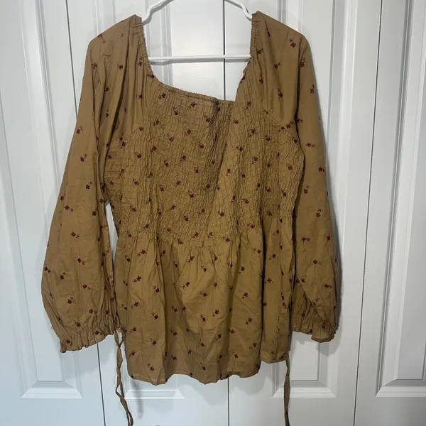 Smocked Off The Shoulder Top Blouse Womens 2X Brown Floral Cotton Cottagecore - Image 4