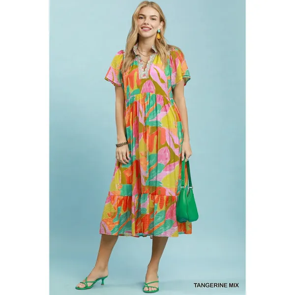 Umgee Abstract Tropical Print Tiered Midi Dress - Tangerine Mix - Small - Image 4