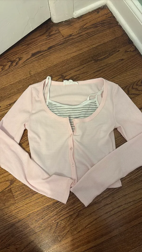 Hippie rose Ribbed set pink cardigan and striped tank top - Image 5